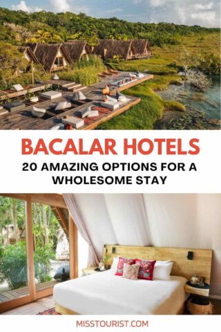 collage of 2 images with: a bedroom and an aerial view over a resort