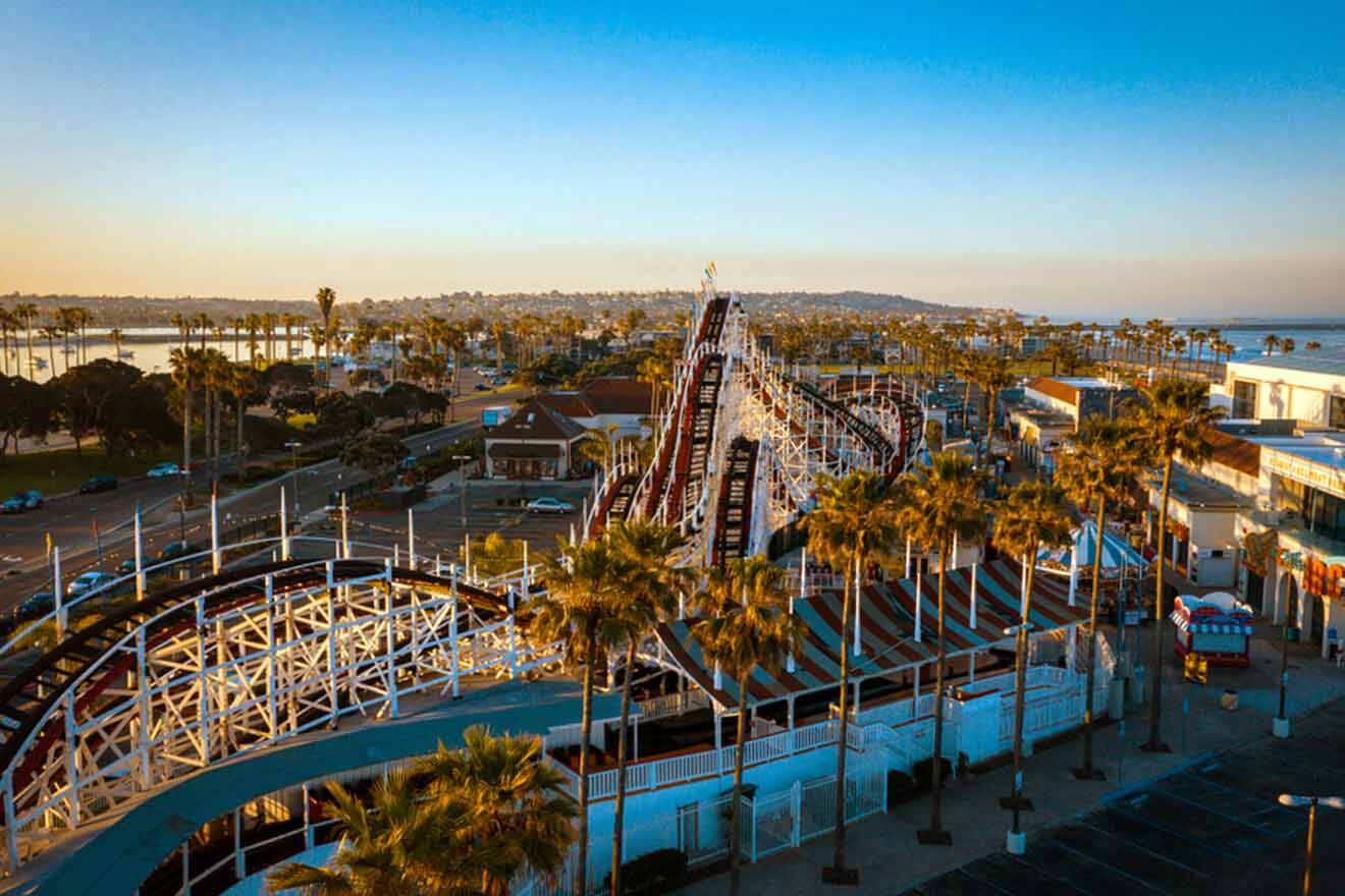 aerial view over a theme park at sunset