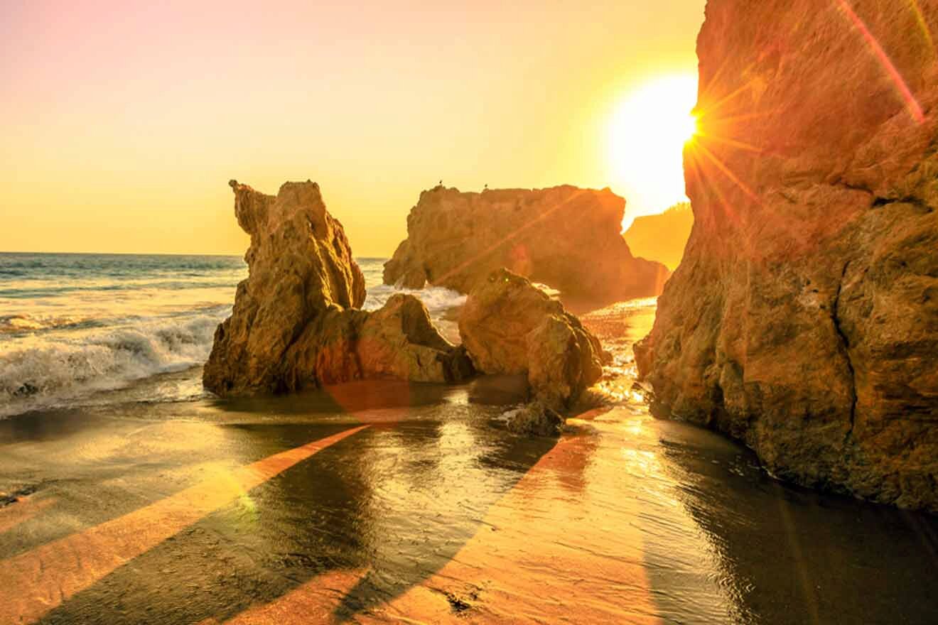 various rocks on the beach at sunset