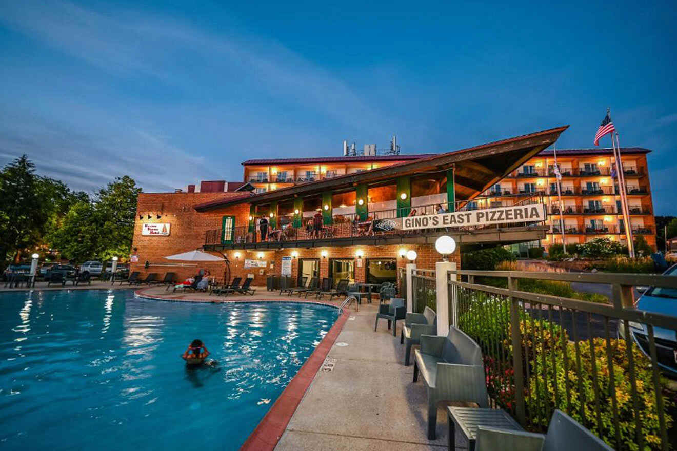 The pool at the resort at dusk.