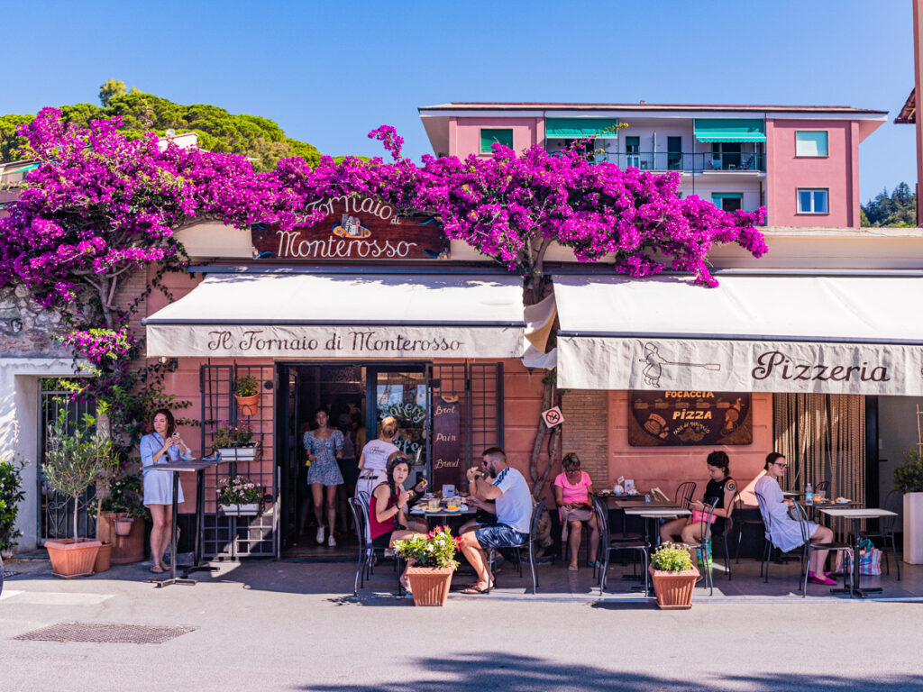 bougainvillea draped over restaurant awning with people at tables 