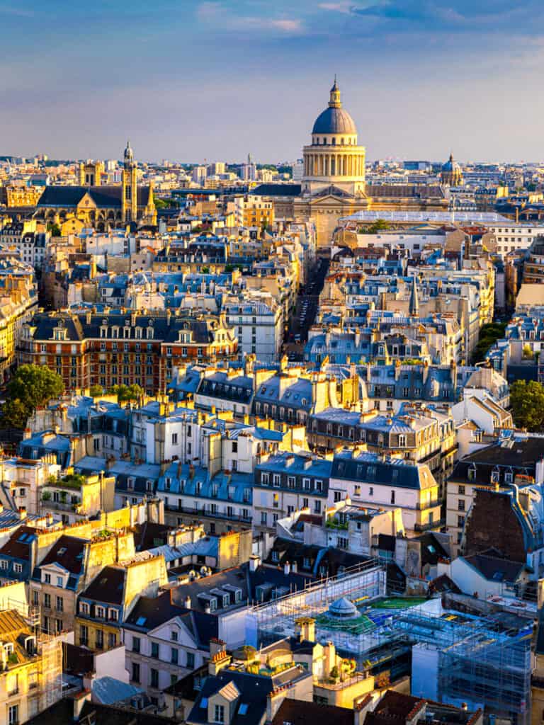 View of the Pantheon and the latin district at sunset, Paris, France.