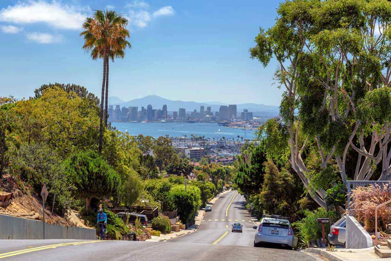 a car driving down a street next to a lush green hillside