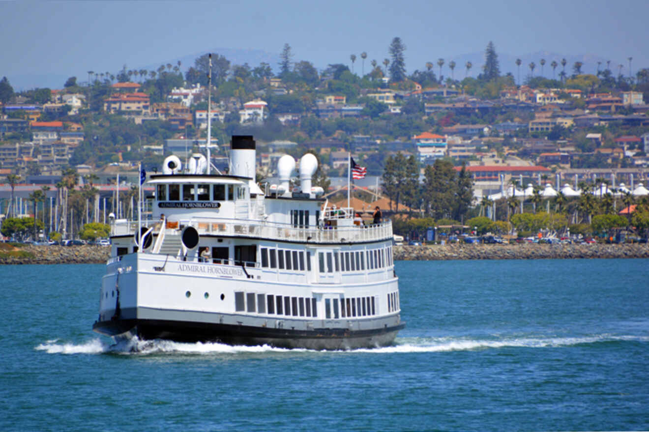 cruise ship in a harbor with a city in the background