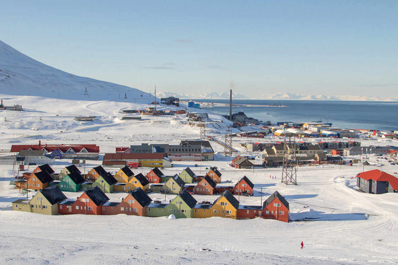 colorful houses on a snowy field by the water with a mountain in the background.