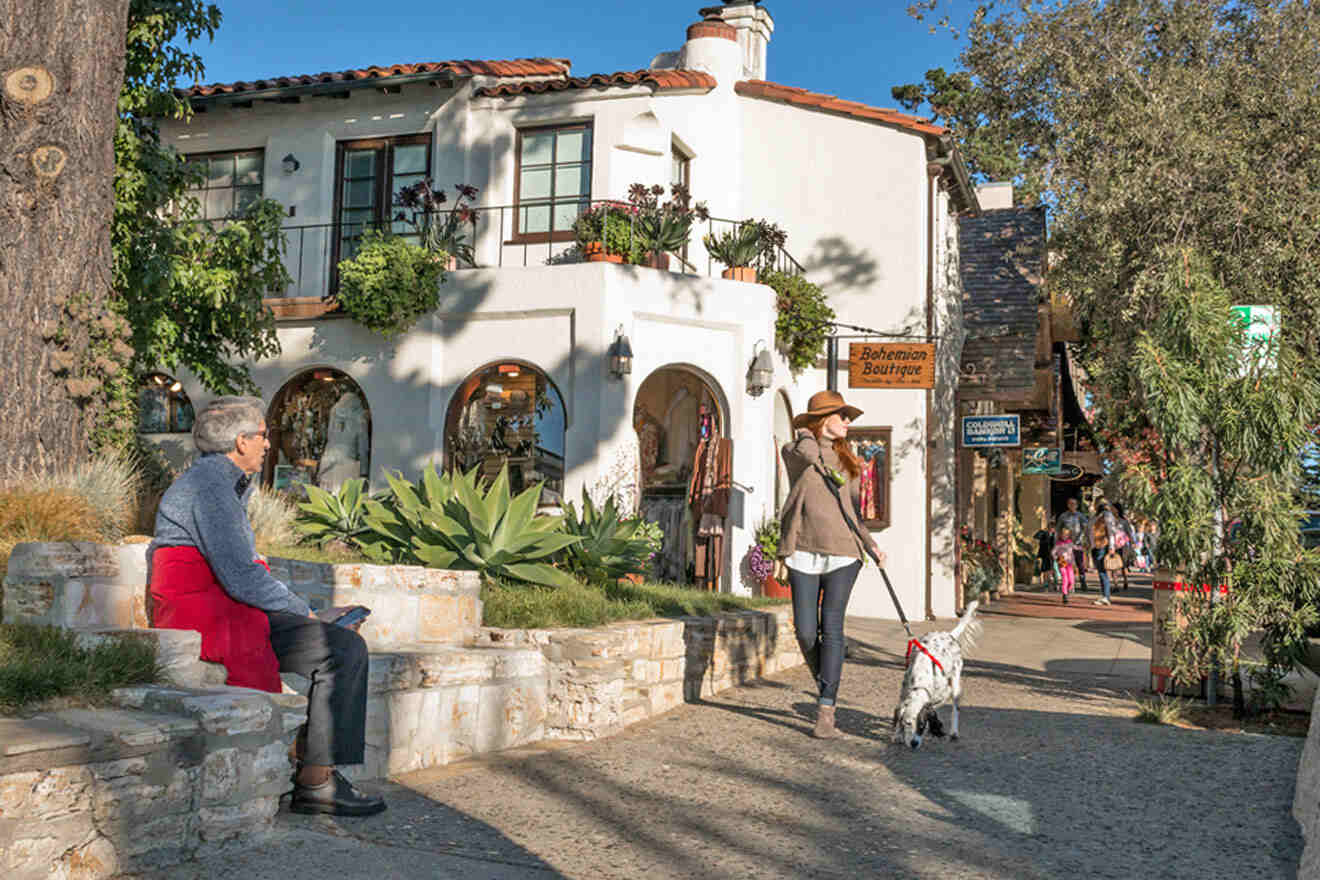 A man sitting on a bench and a woman walking her dog on a sidewalk in front of a house.