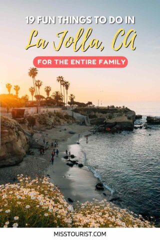 a beach with flowers and palm trees in the background at sunset