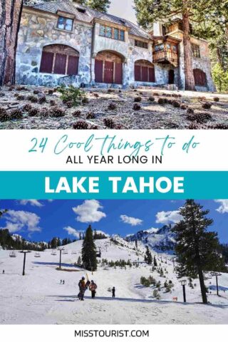 Collage of two photos: a stone buildings, and people skiing on a hill with snow