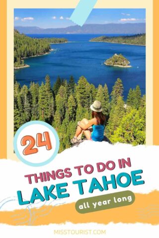 a girl sitting on a rock overlooking a lake surrounded by pine trees