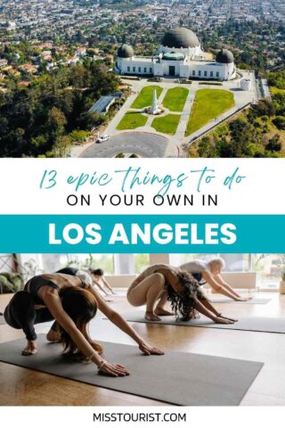 Collage of two photos: aerial view of a building, and people doing yoga