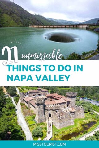 collage with two images: Lake Berryessa and aerial view over Castello di Amorosa