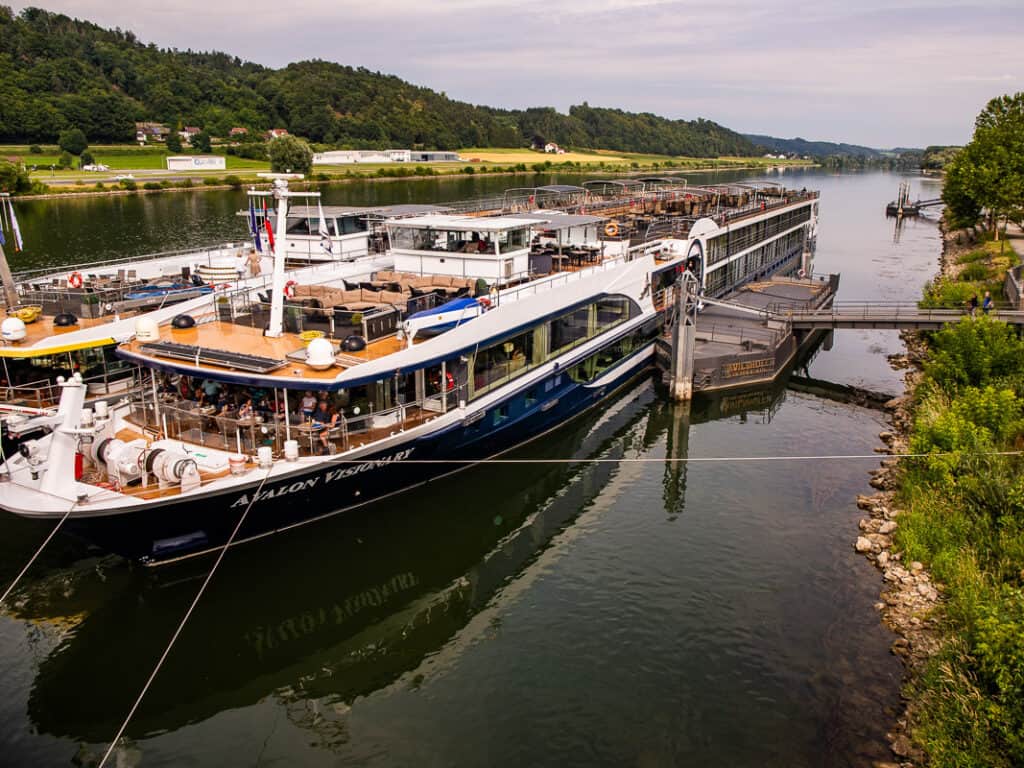 River cruise ship tied up in port