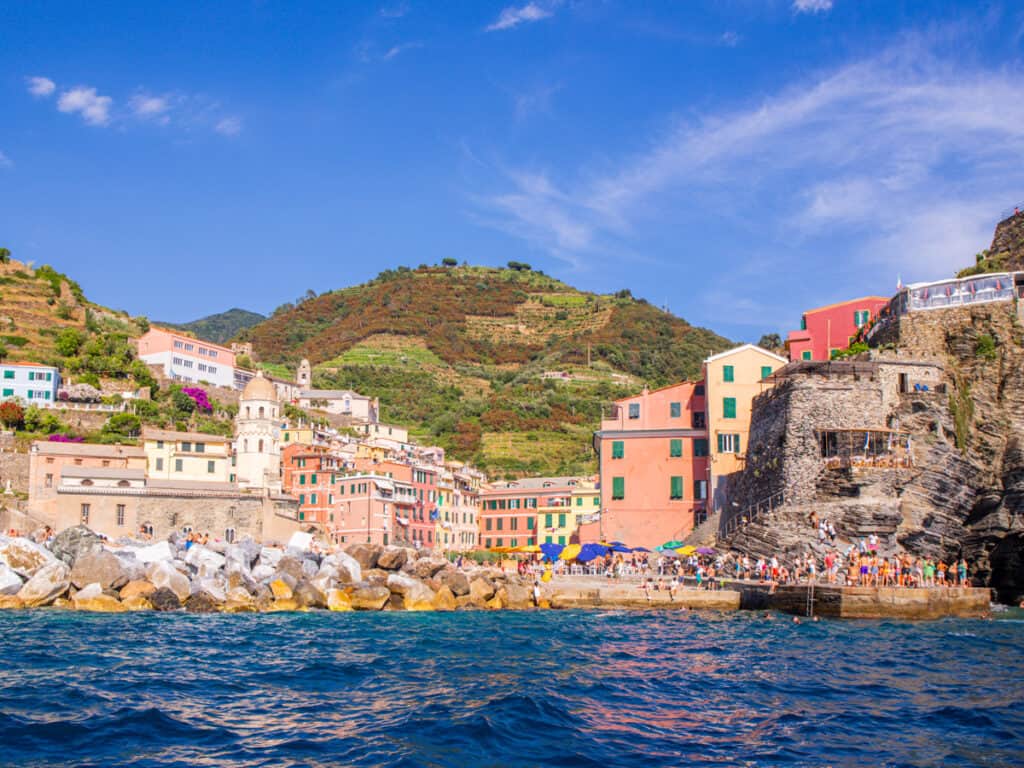 looking at colored buildings of Vernazza from shore with vineyards in the background