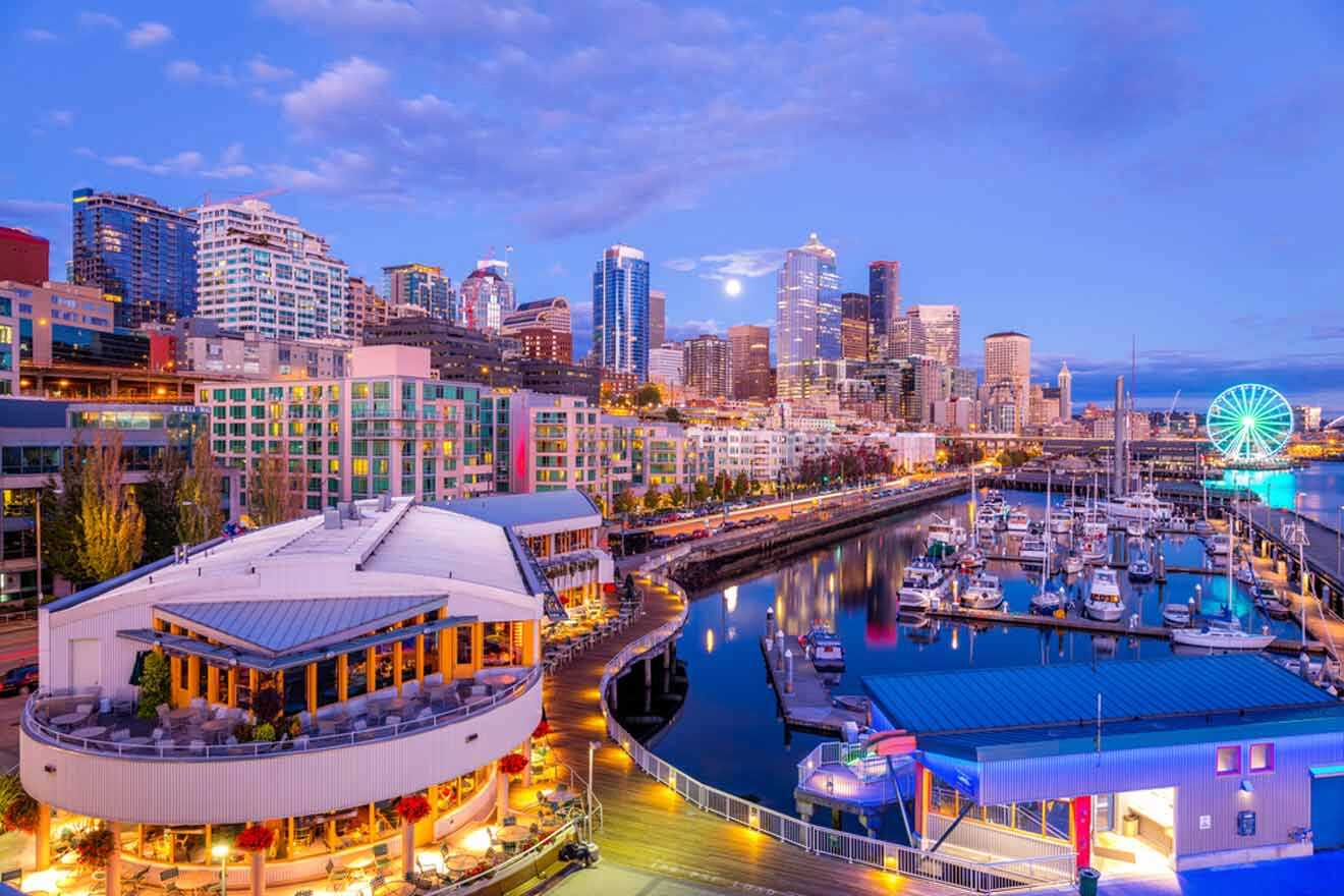 a city skyline with a ferris wheel in the distance