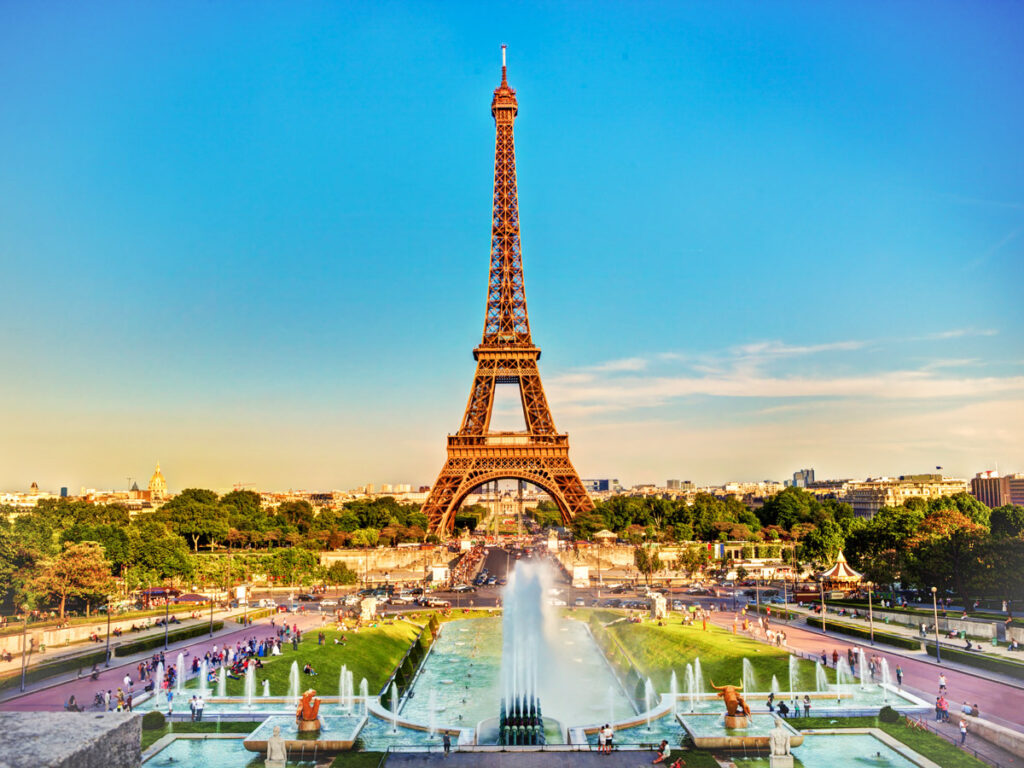 views of fountains in front of eiffel tower from Place du Trocadero