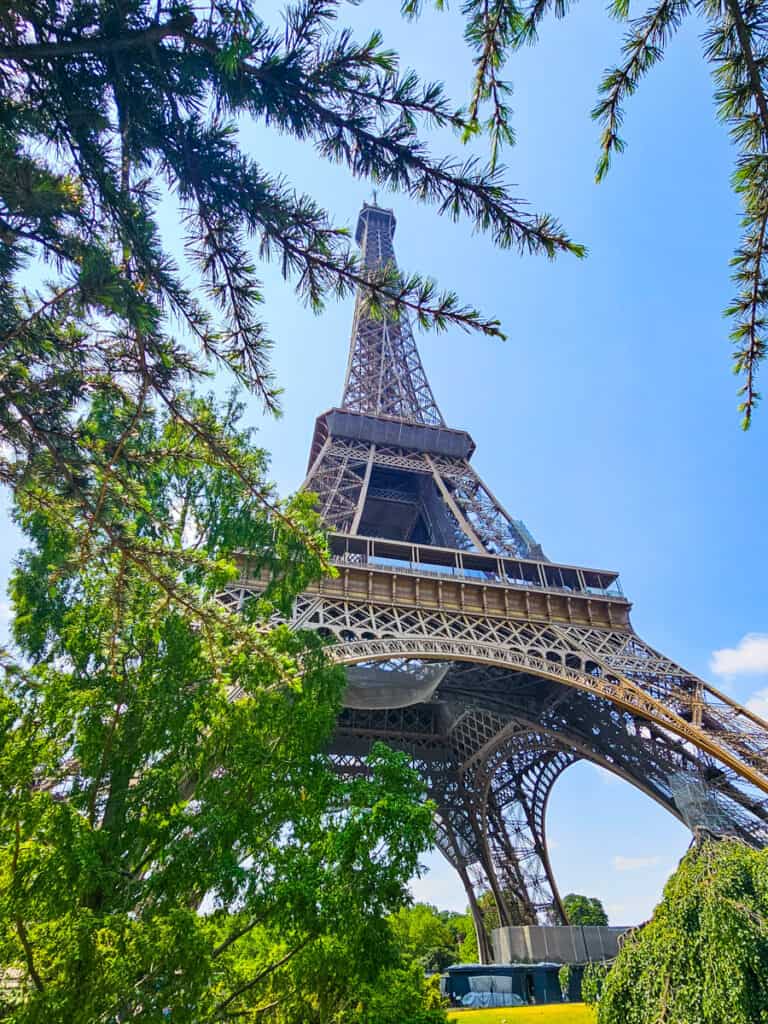 view of eiffel tower looking up and framed by trees