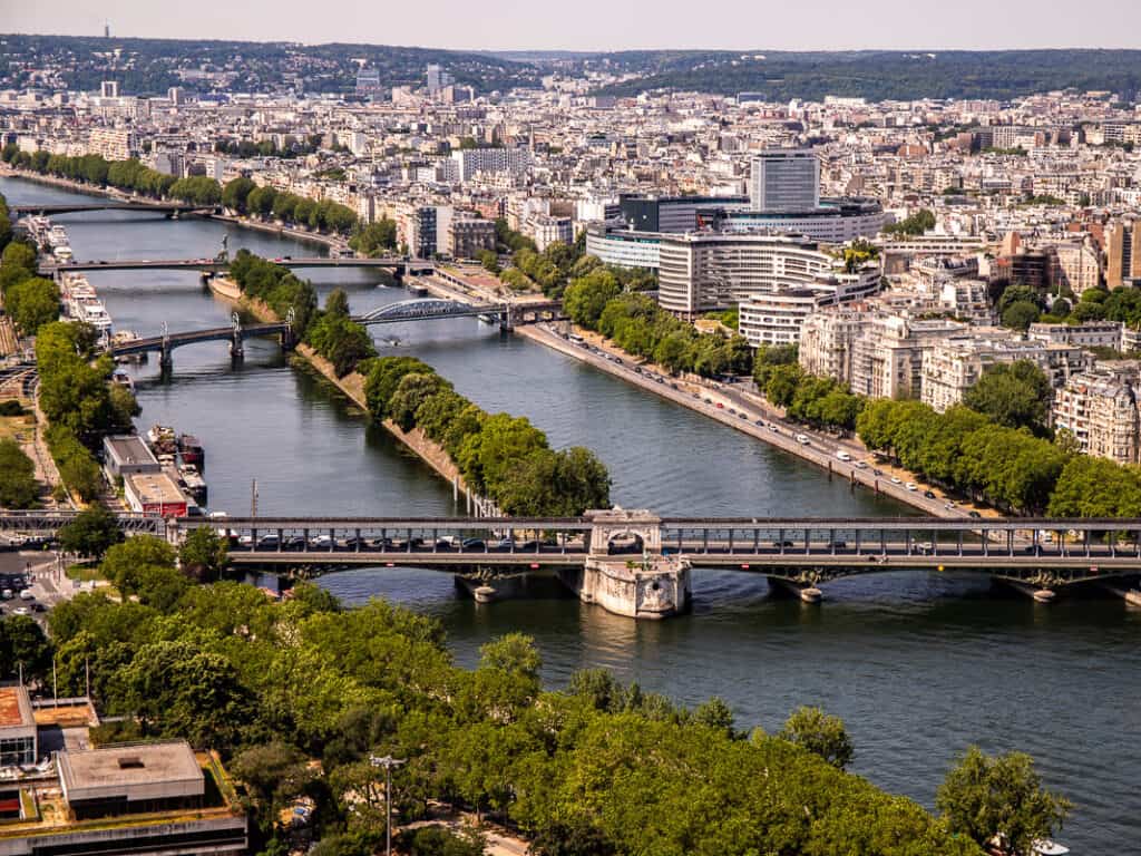 View of a river and bridges in Paris from the top of Eiffel Tower