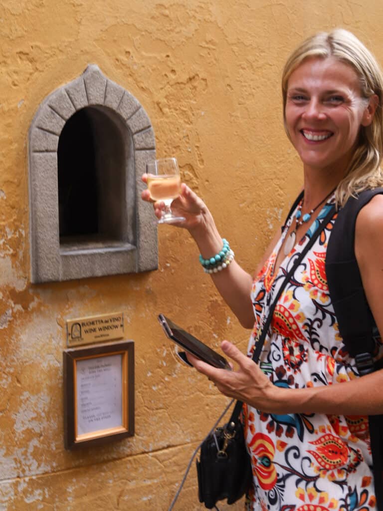 lady laughing at wine window