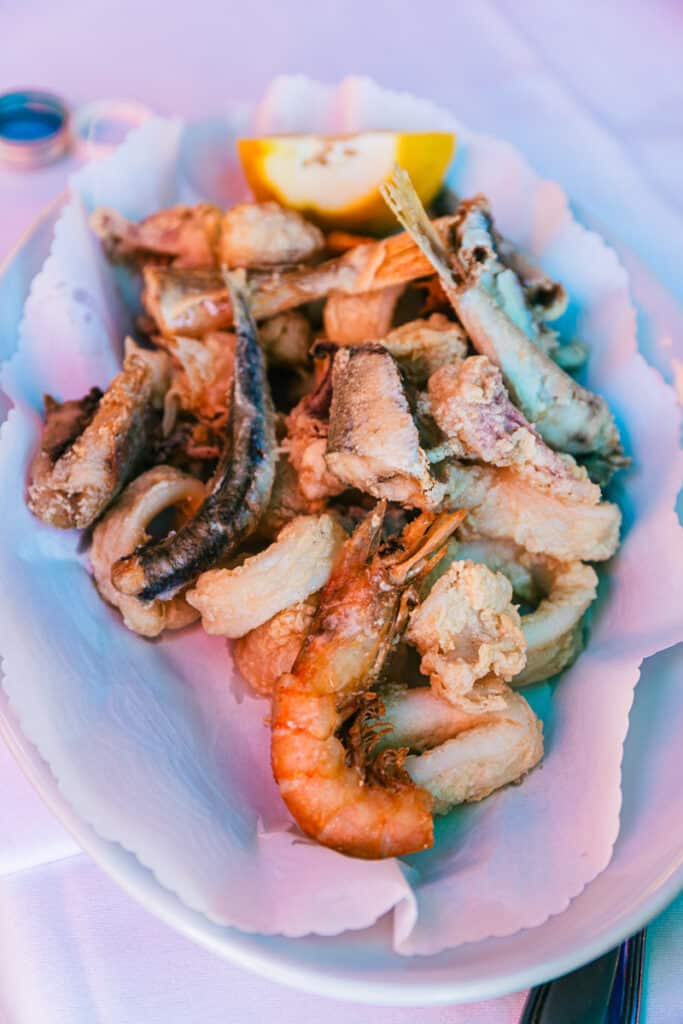 bowl of fried seafood