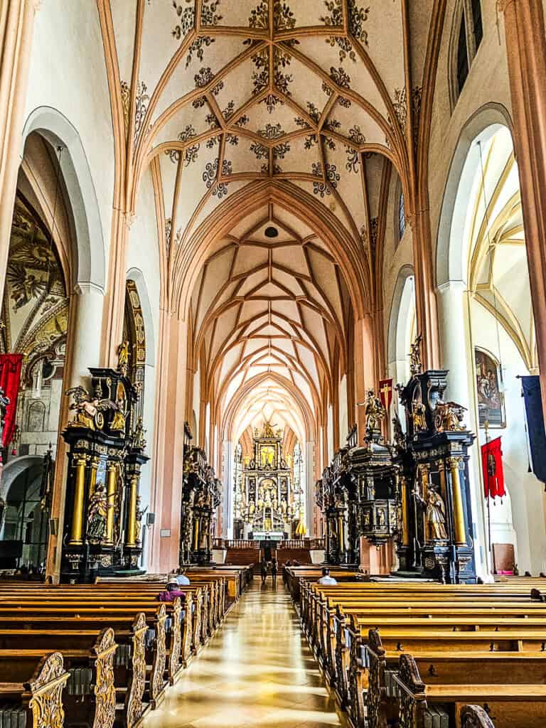 Inside a church looking down the aisle