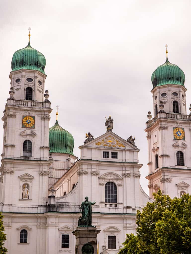 White Cathedral with green tower tops in Passau, Germany