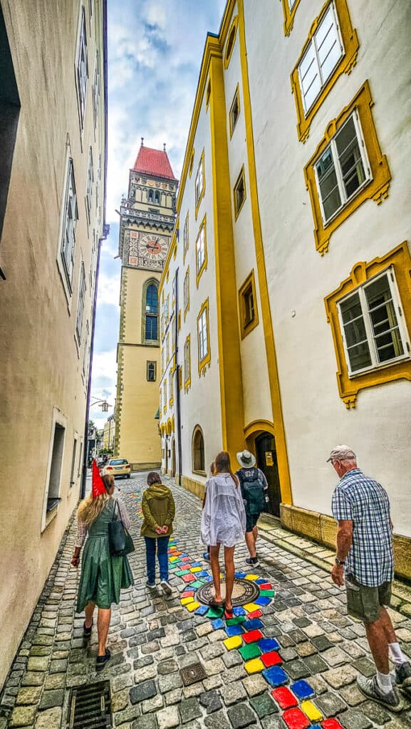 Cobblestone street with colorful buildings