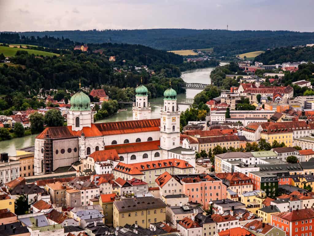 Overlooking a city and river and bridges