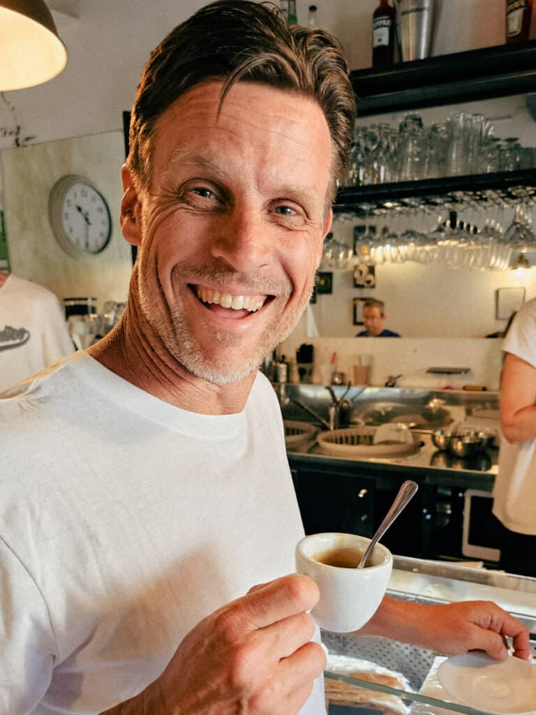 craig with espresso at the bar