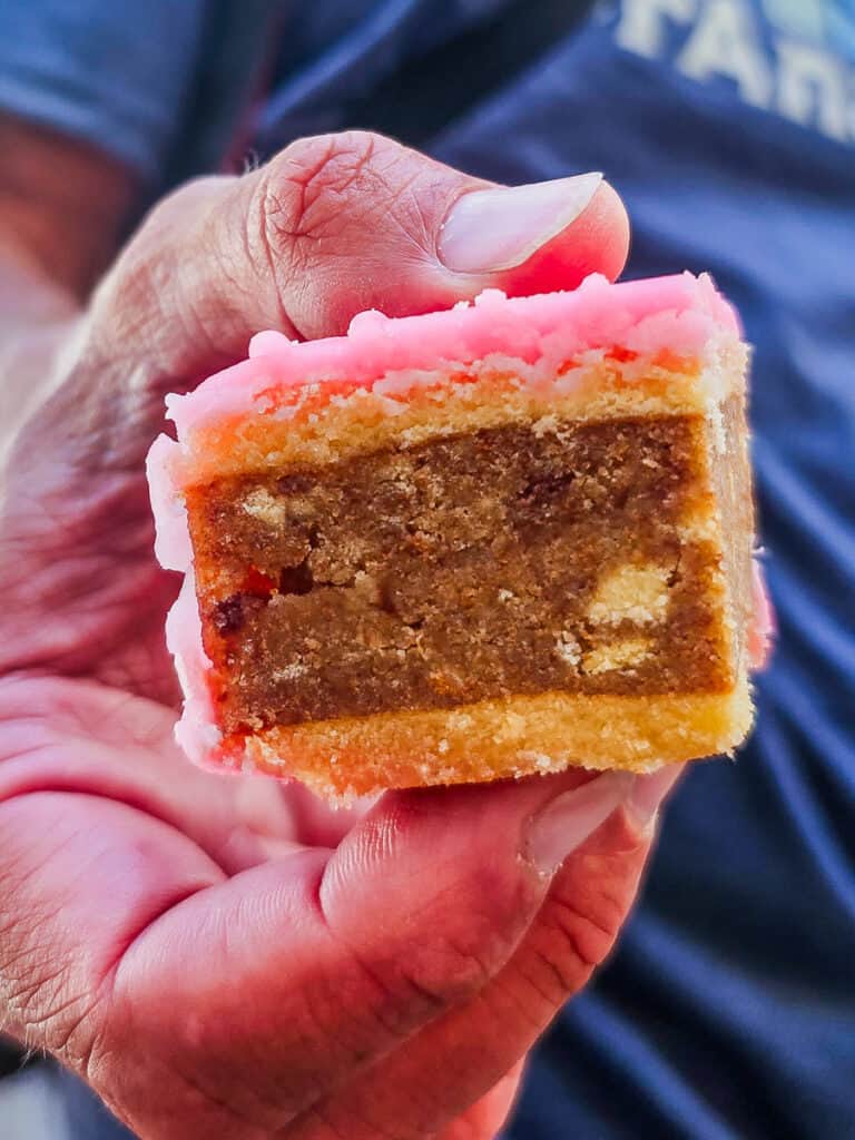 Hand holding a piece of strawberry cake