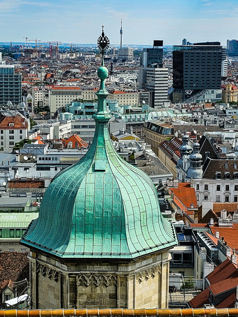 Aerial view of a cathedral spire in Austria