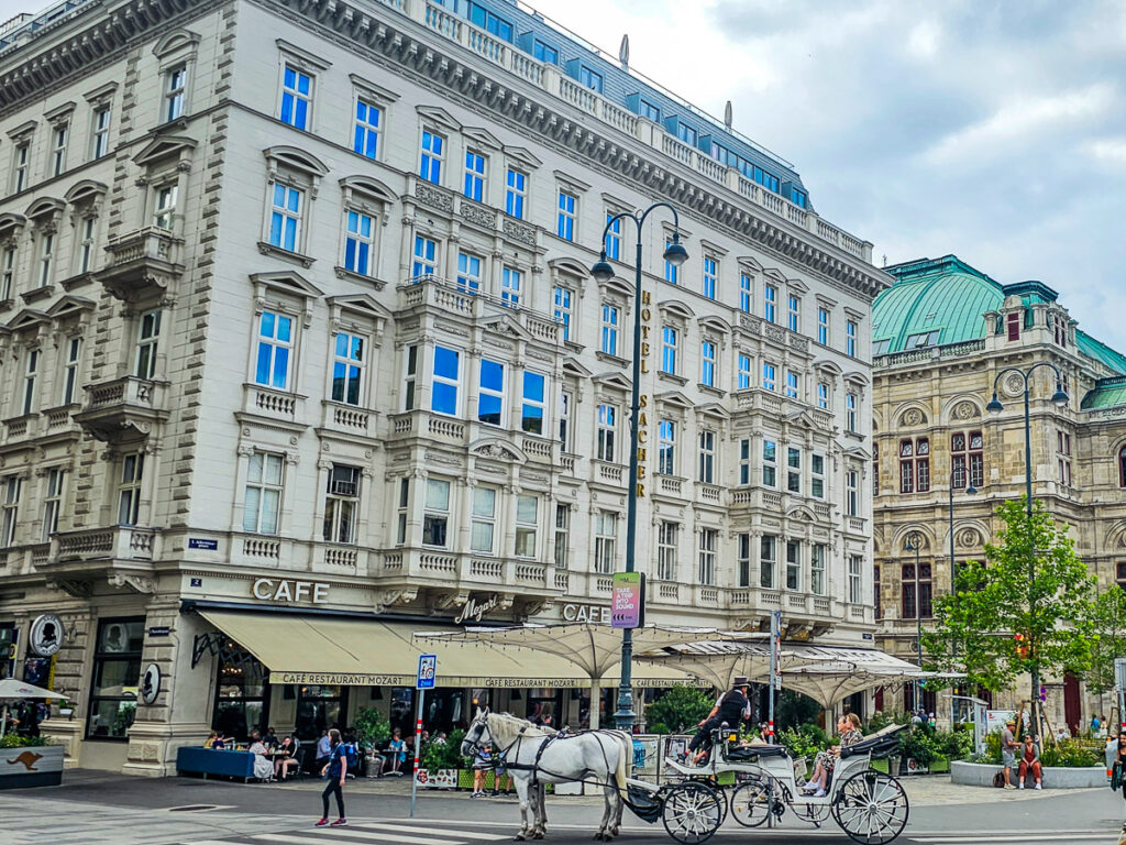 Horse and cart in a city square