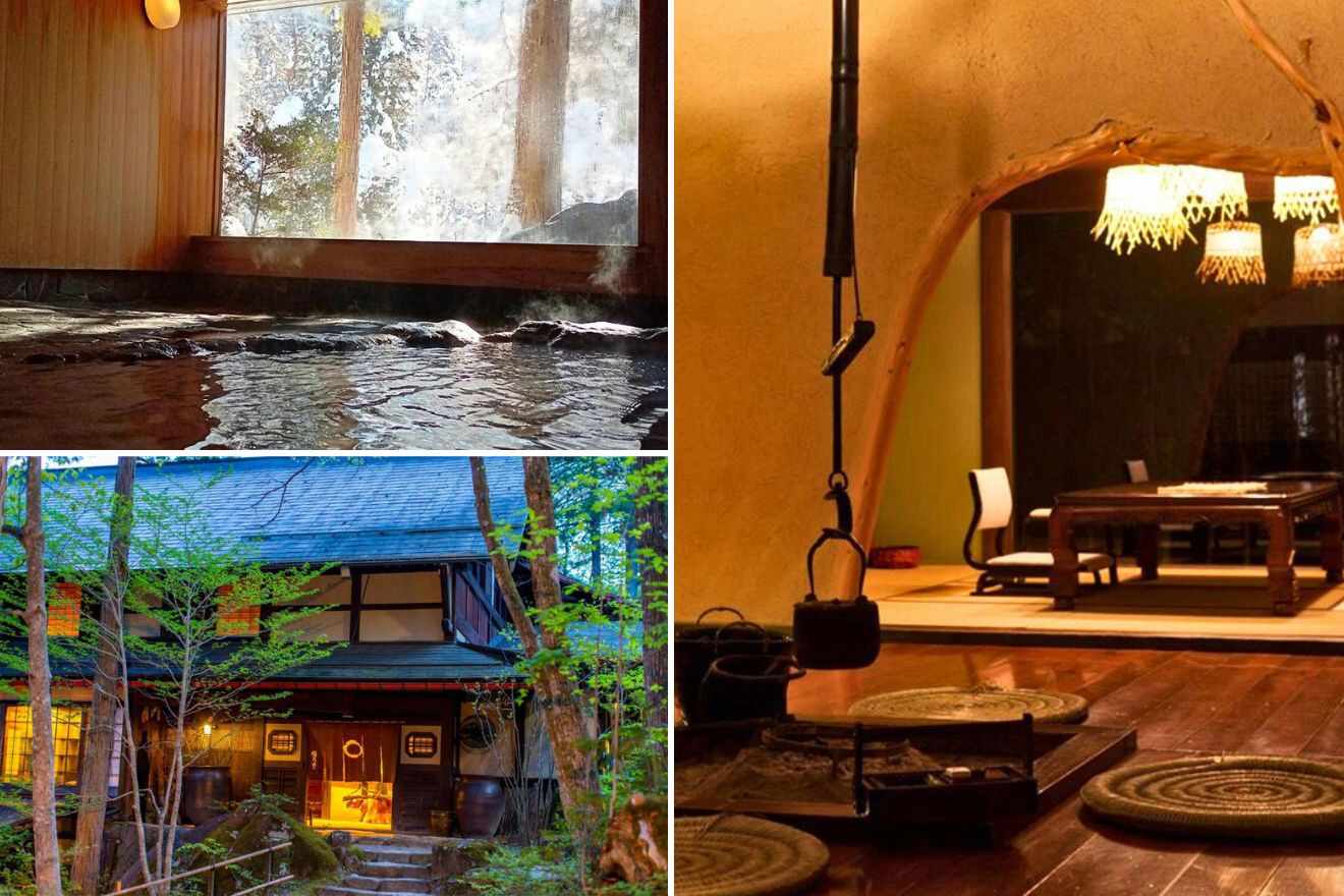 collage of 3 images with: ryokan building, private onsen and japanese bedroom