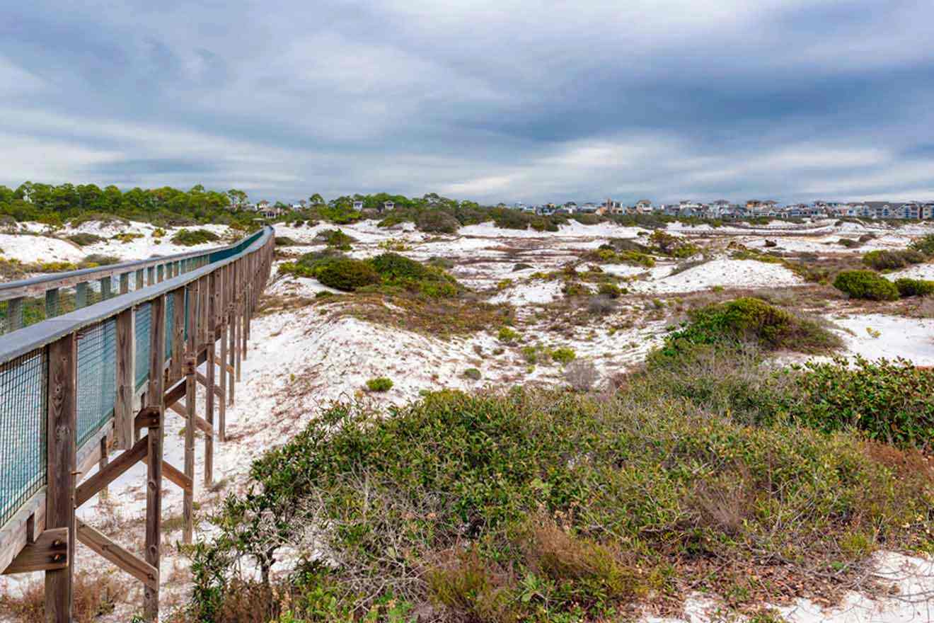 A wooden boardwalk leads to a sandy beach.