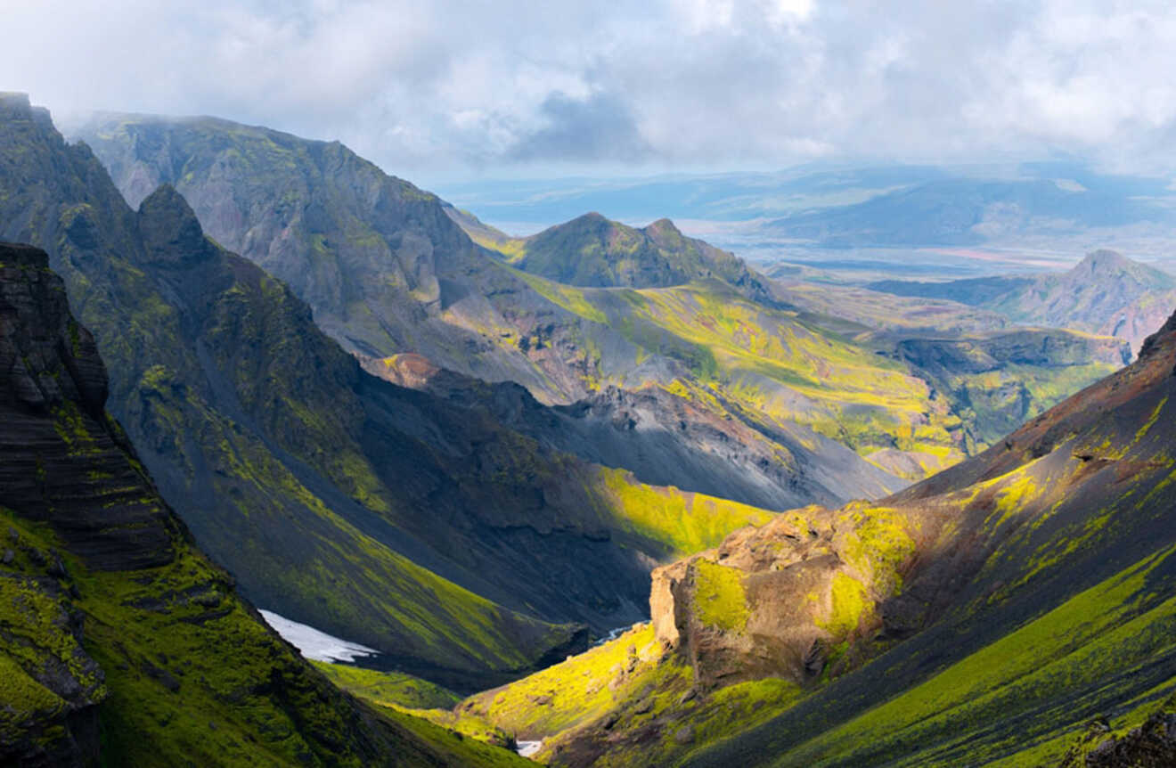 aerial view of a valley between mountains