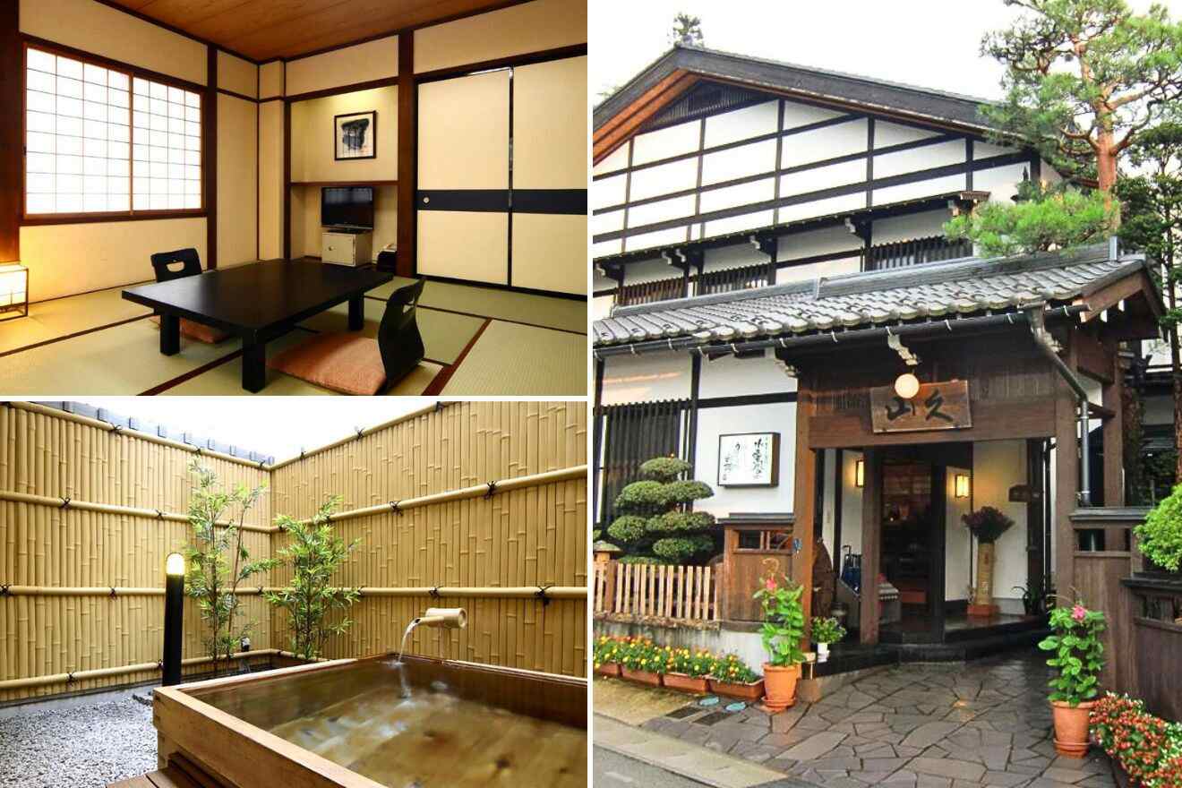 collage of 3 images with: ryokan building, private onsen and japanese bedroom