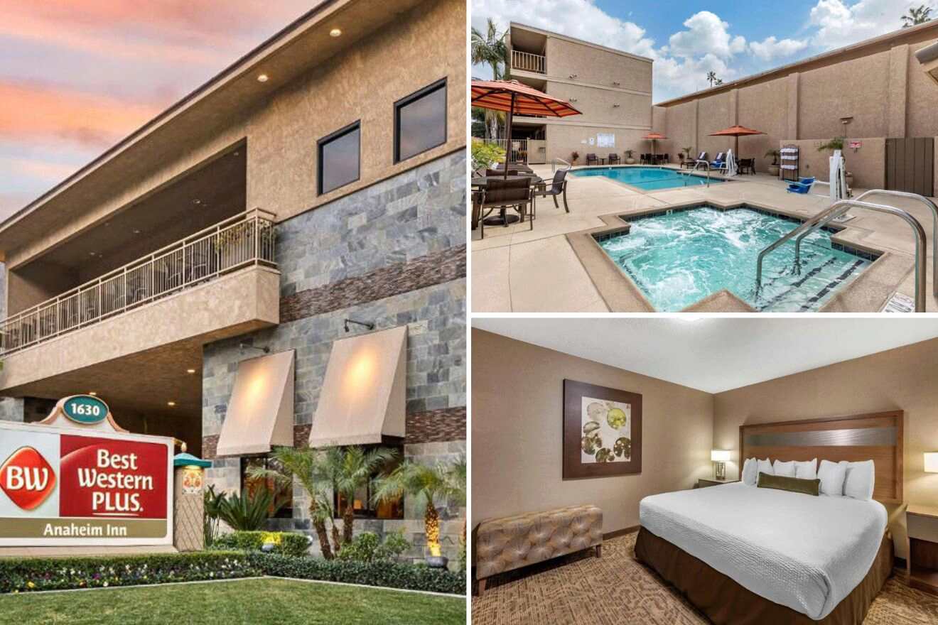 collage of 3 images with: bedroom, pool area and hotel's building