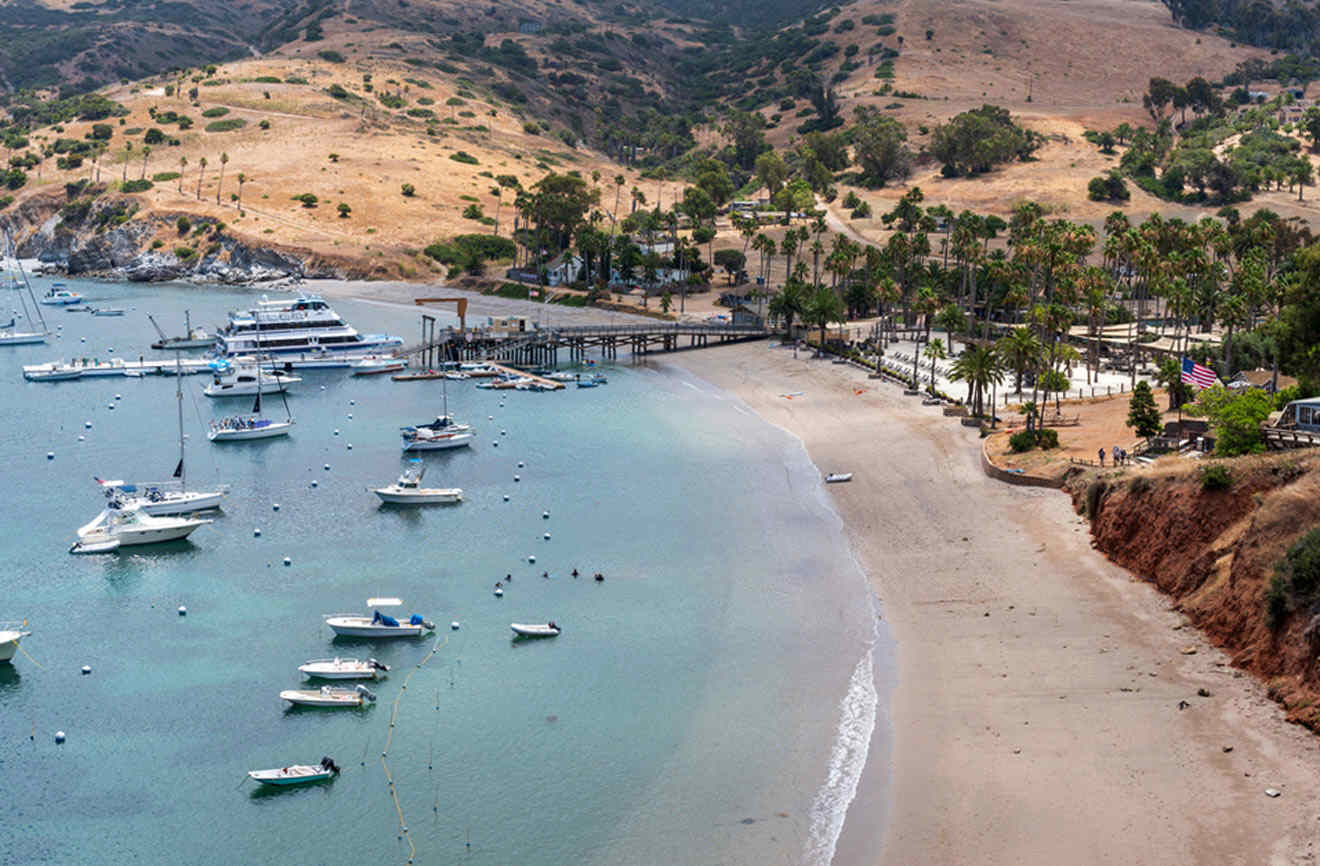 An aerial view of a beach with boats docked.