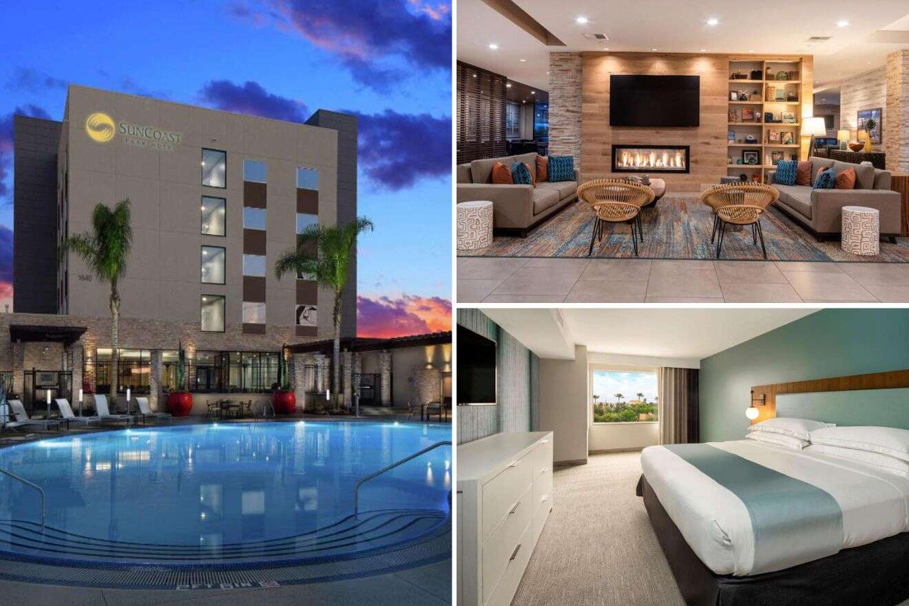 collage of 3 images with: bedroom, pool area and lounge