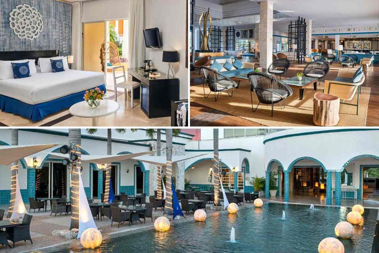 collage of 3 images with: bedroom, restaurant and pool area