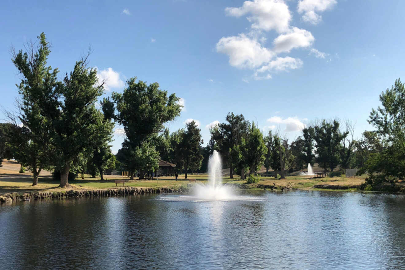 a fountain in a lake in a park