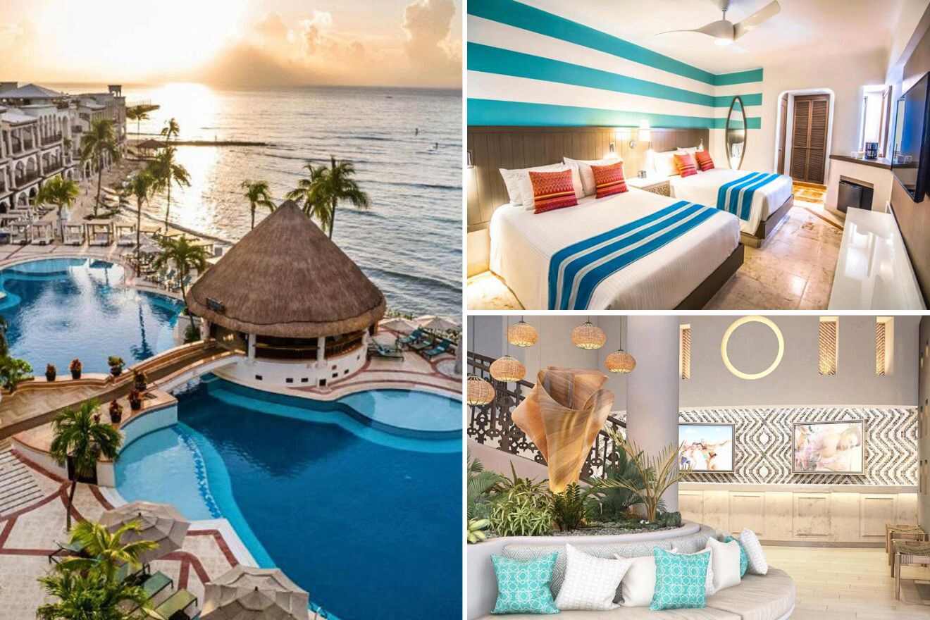 collage of 3 images with: bedroom, lounge and pool area