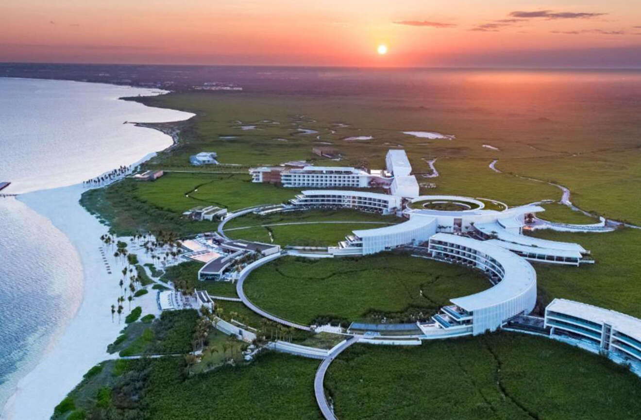 aerial view of a hotel at sunset