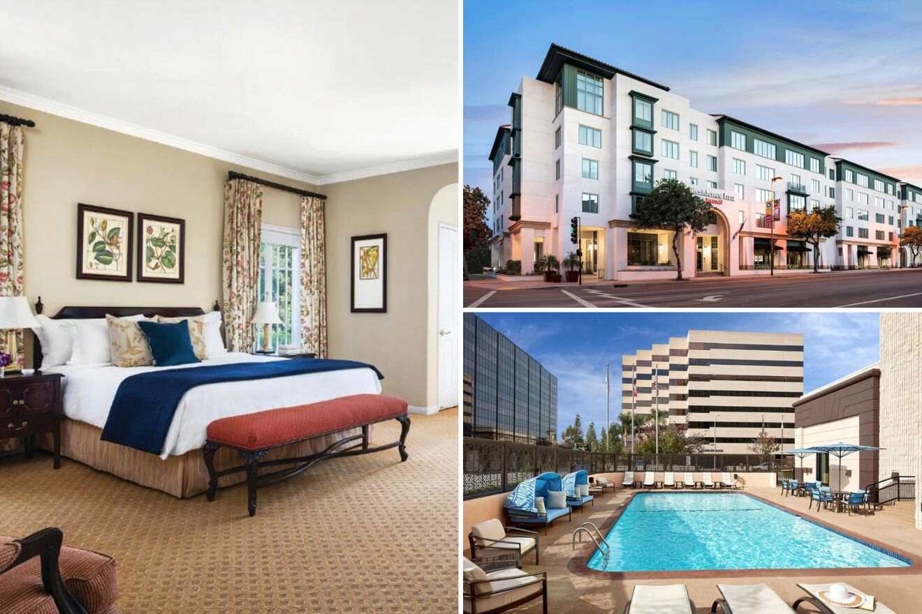 a collage of three hotel photos: bedroom, hotel exterior, and outdoor pool