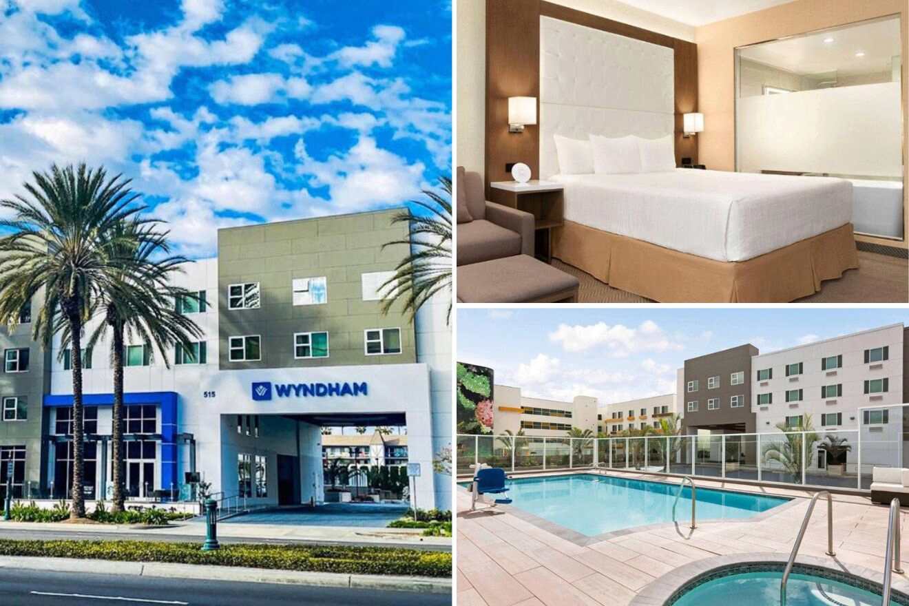 collage of 3 images with: bedroom, pool area and hotel's building