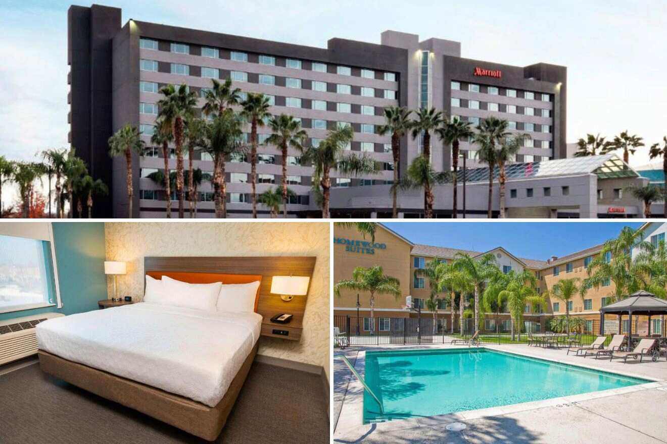 collage of three hotel photos: hotel exterior, bedroom, and outdoor pool