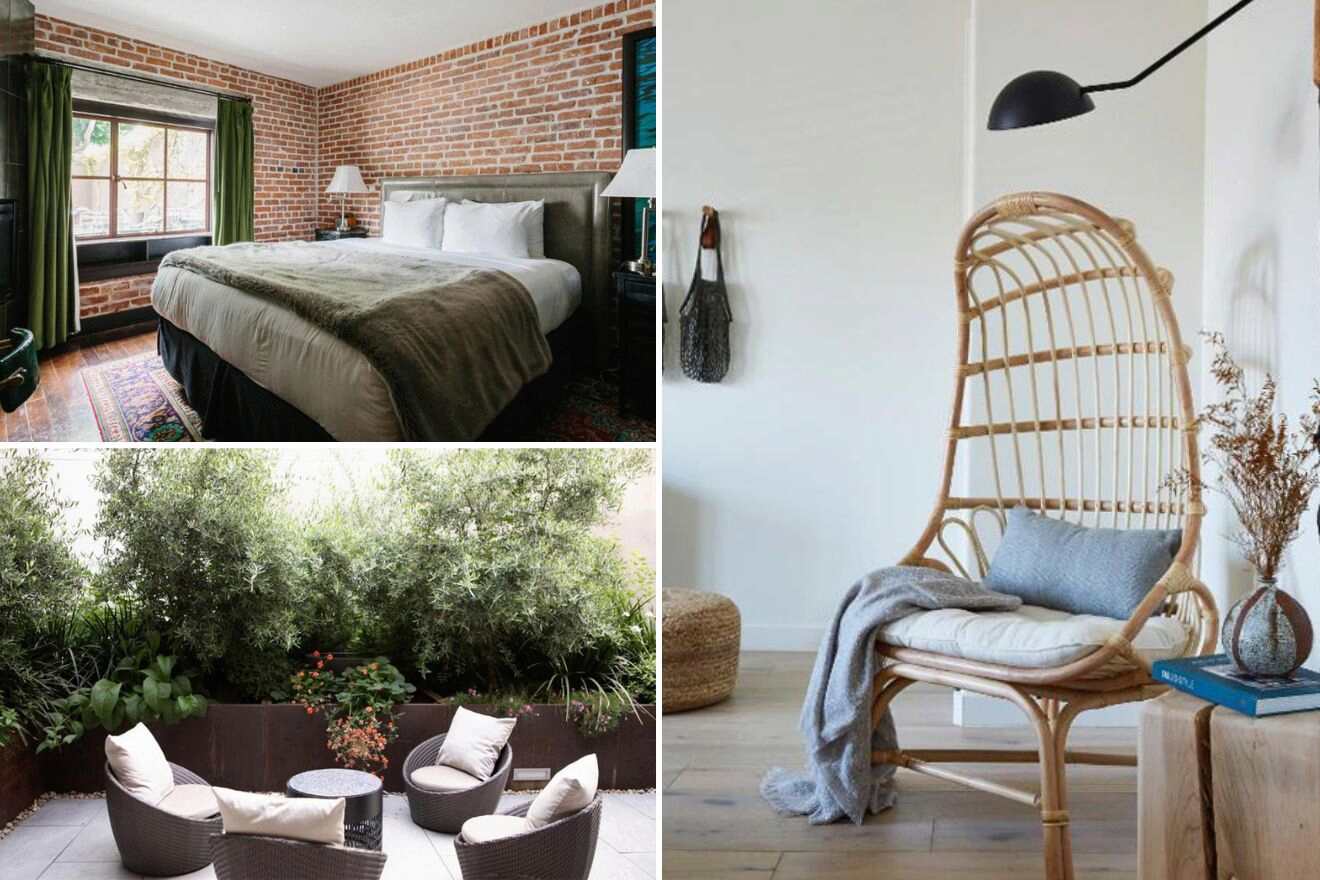 Collage of three hotel photos: bedroom, outdoor seating area, and an armchair