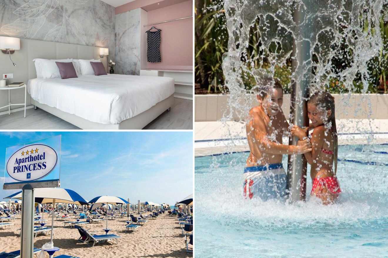 collage of 3 images with: bedroom, kids in a pool and private beach