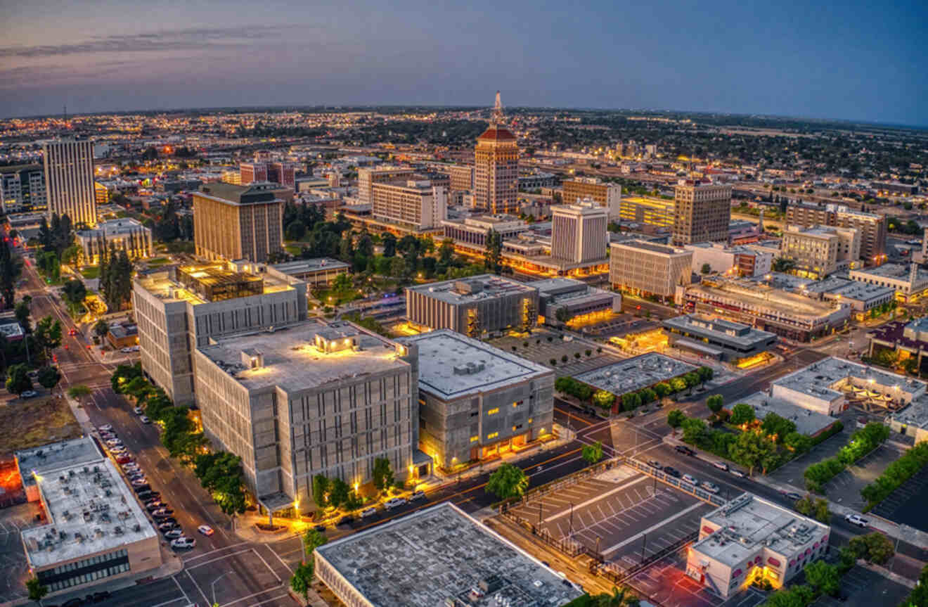 aerial view of a city in the evening