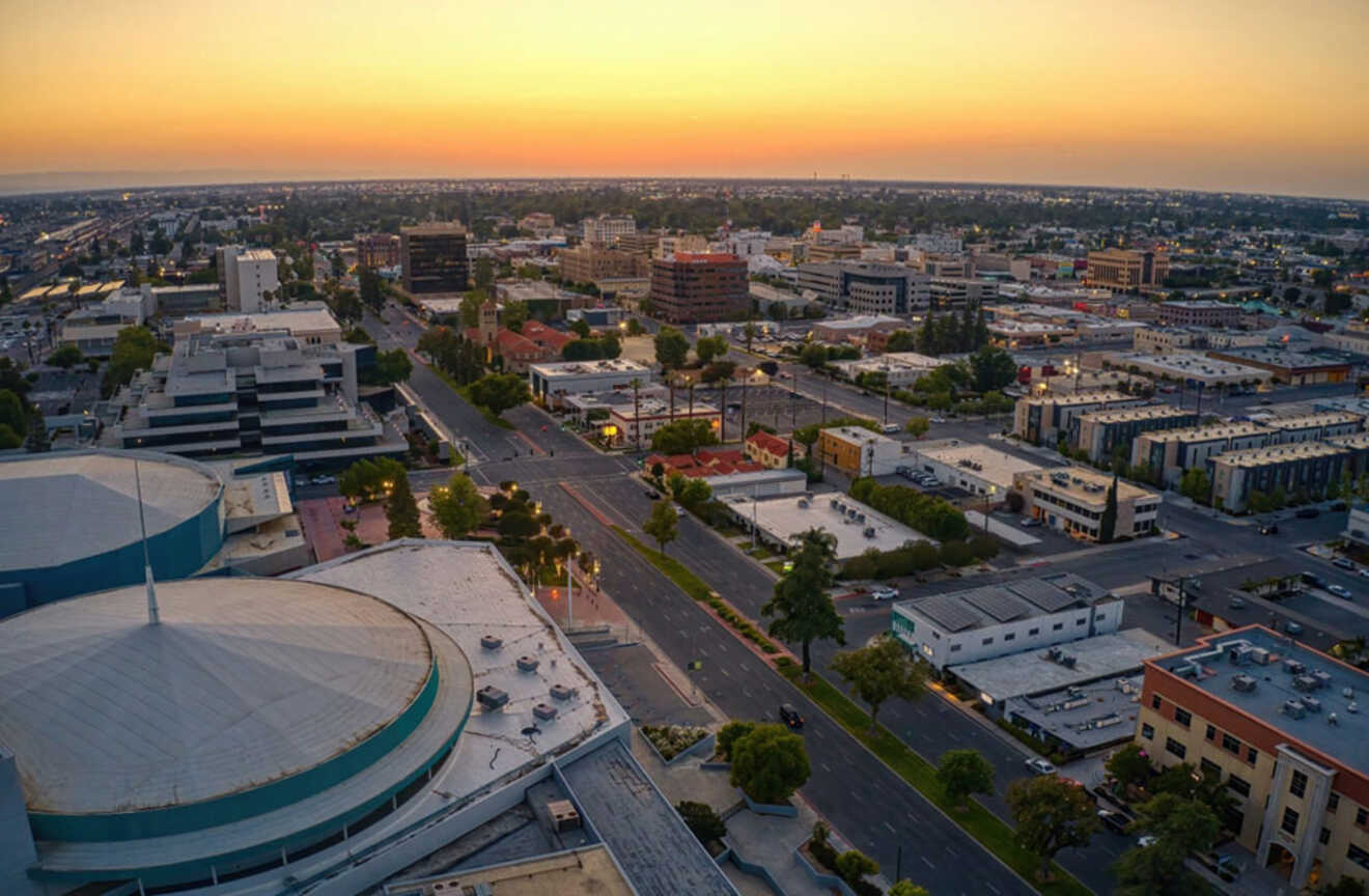 aerial view of a city at sunset