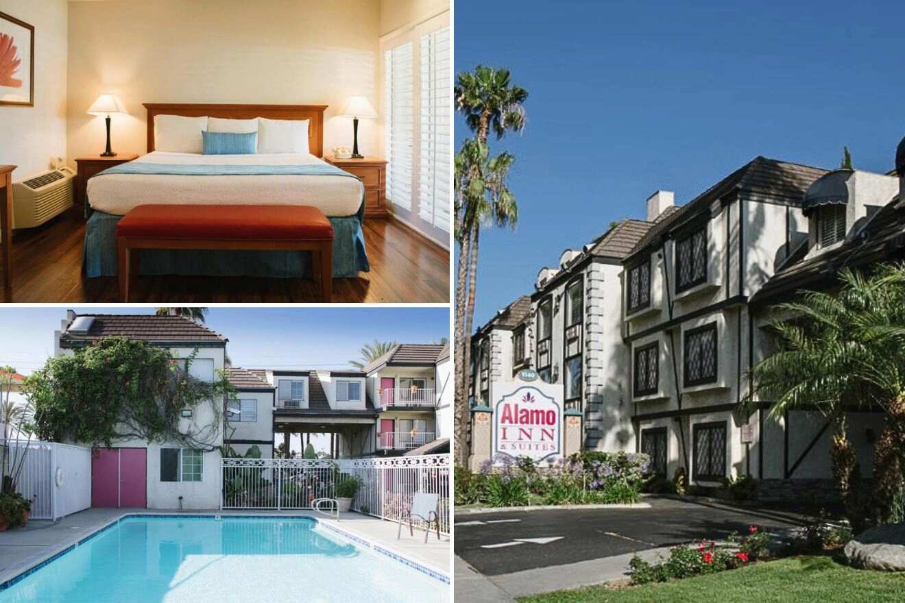 collage of 3 images with: bedroom, pool area and hotel's building